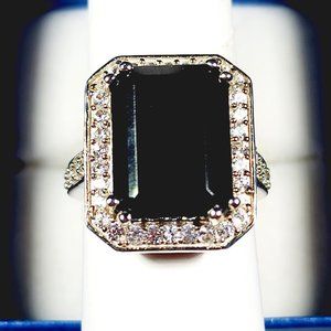Australian Black Tourmaline & White Zircon Halo ring in Plat/925 sz 8 14.85 ct